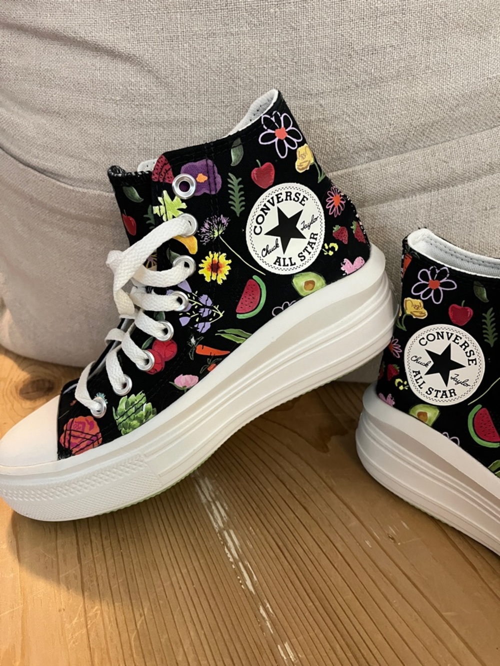 Converse Black High-Top Platform Sneakers with Colorful Fruit & Floral Print